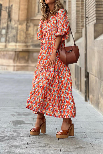 Orange tryckt Boho puffärm lös lång klänning